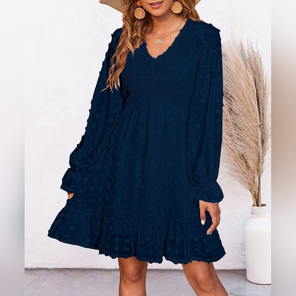 Long Sleeve V Neck Smocked Short Swiss Dot Ruffle Dress - Picture 7 of 9